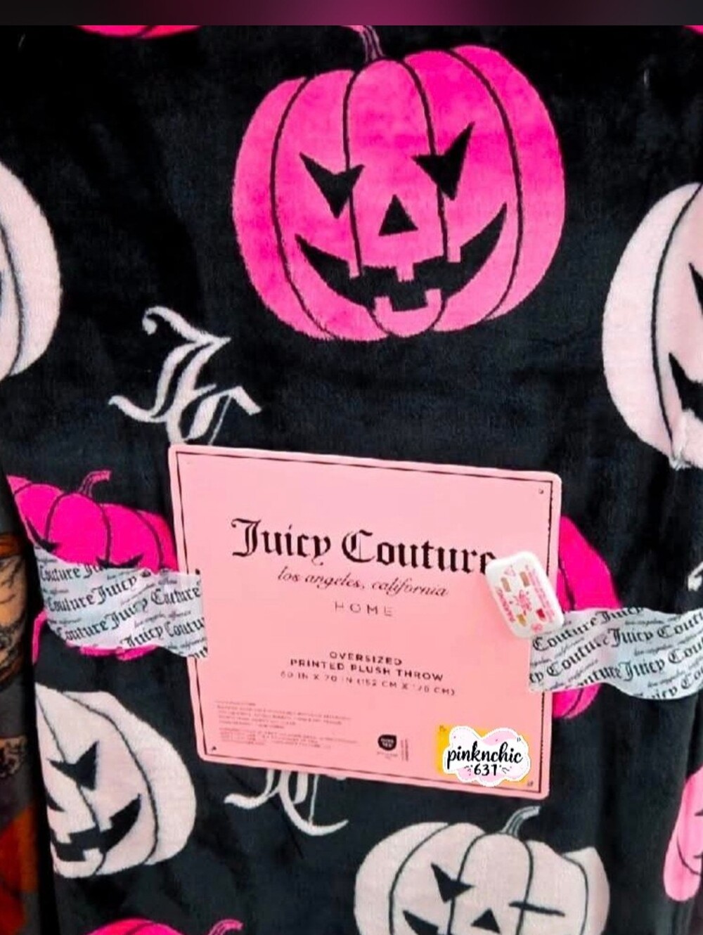 Juicy Couture Black Pumpkin Hot Pink Jack-o'-lantern Halloween Plush Blanket